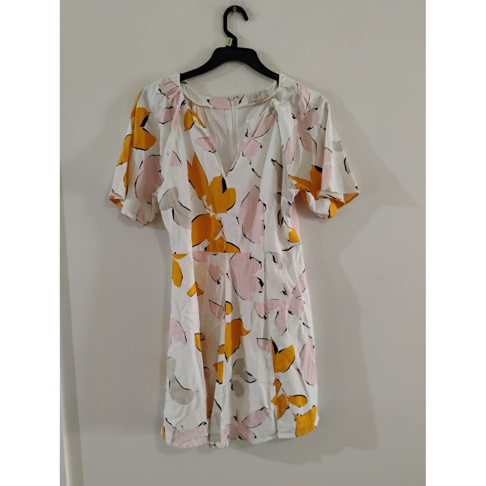 Loft Outlet Womens Floral V-Neck Mini Dress White Yellow Pink Size 6 Short Slv
